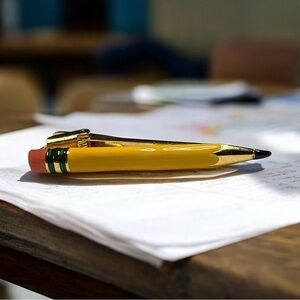 VINTAGE YELLOW PENCIL WITH ERASER SHAPED TIE CLASP/CLIP GOLD TONE  ENAMEL